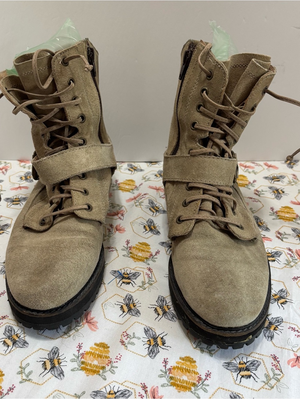Women’s Taupe Suede Lace-Up Combat Boots with Strap